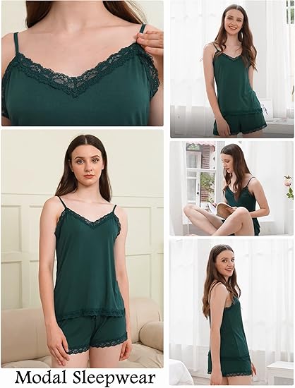 Avidlove Women’s Lace Trim Modal Cami Pajama Set – Soft Sleepwear Shorts Set